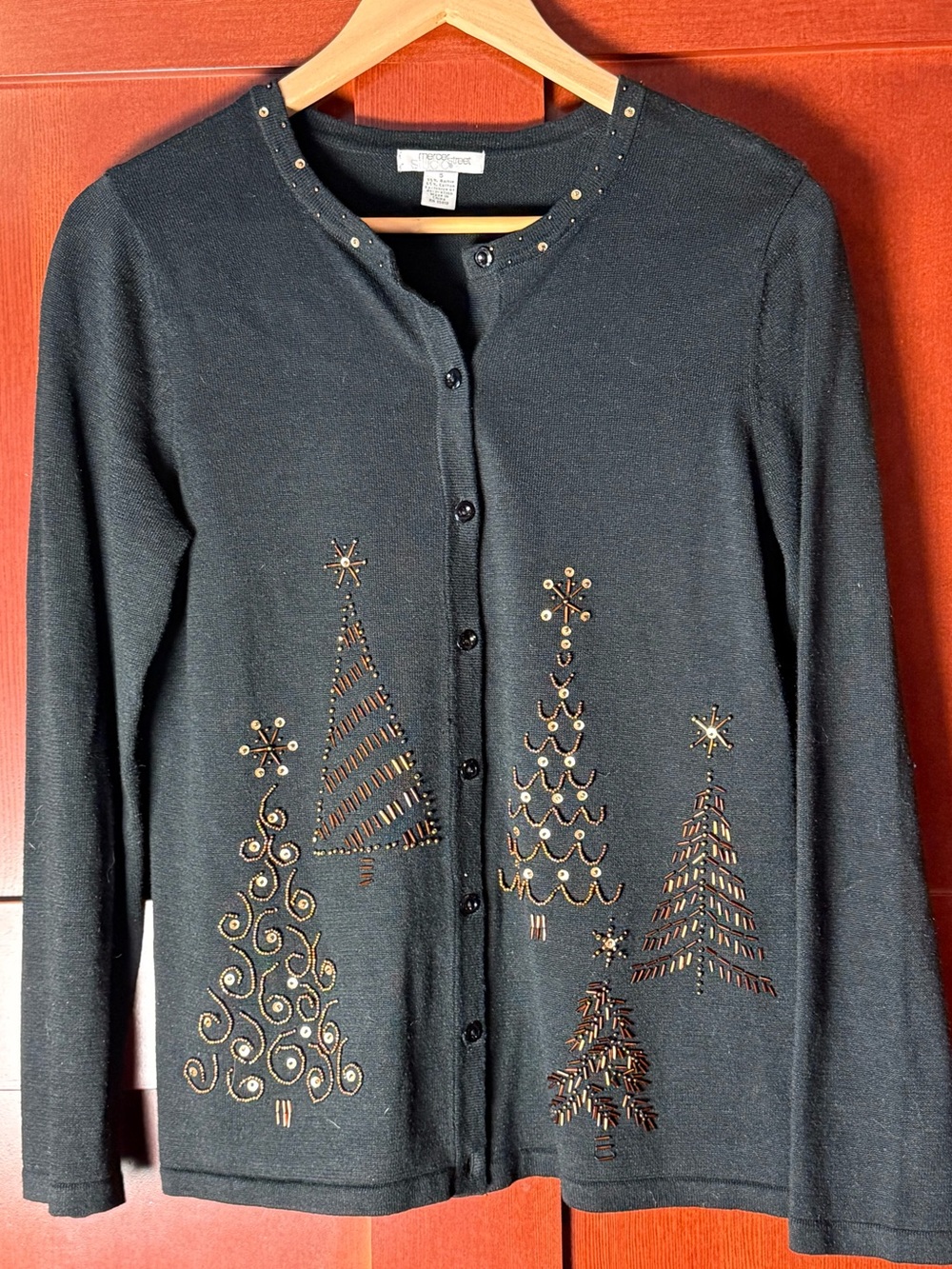 Mercer Street Studio Beaded Christmas Tree Cardigan Sweater Black Size Small